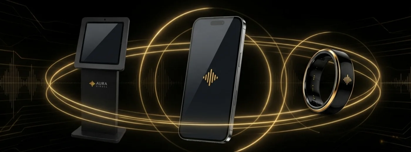 Totem, celular e wearable Aura conectados à mesma plataforma